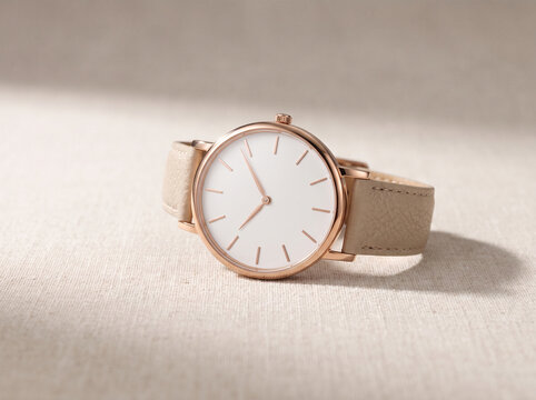 Elegant rose gold wristwatch on neutral background