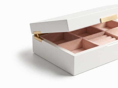 White jewelry box with pink velvet interior isolated