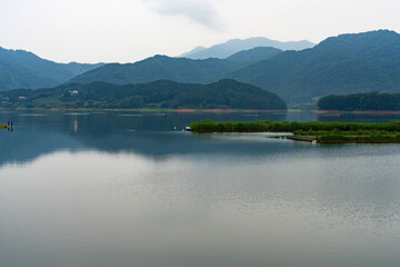 Fototapeta premium Panoramic Lake View with Deep Blue Mountain Reflection and Floating Vegetation