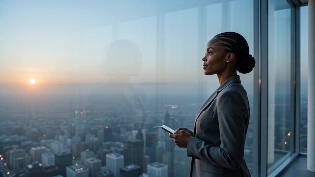 A confident business woman in a grey suit looks out a skyscraper window at a sunset city skyline, holding her smartphone and contemplating her success in a modern, high-rise office environment.