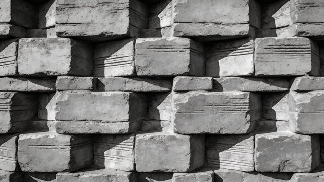 seamless, repeating pattern of interlocking stone bricks. The layout is a uniform grid, with each brick having a rectangular shape and a textured surface. The bricks are arranged in a staggered patter