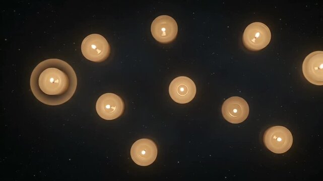 Minimal remembrance animation with soft glowing lights slowly emerging from darkness. Each light maintains fixed position with gentle breathing glow effect. Elegant awareness campaign motion graphic.
