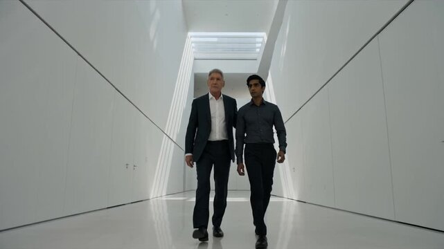 An older executive and a younger man walk purposefully down a sleek, bright white corridor filled with geometric shafts of light, conveying a sense of futuristic innovation.