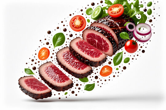 Deliciously Sliced Roasted Meat with Fresh Garnish and Savory Sauce Elements Floating