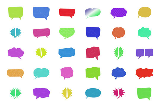 Colorful set of flat speech and thought bubble icons isolated on transparent background