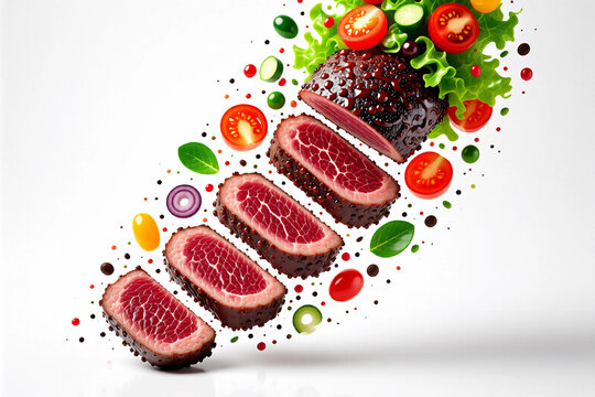 Deliciously Sliced Roasted Meat with Fresh Garnish and Savory Sauce Elements Floating