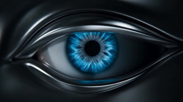 A sleek, metallic robotic eye slowly opens, revealing a vibrant, glowing blue iris with intricate mechanical details, symbolizing the awakening of artificial intelligence.