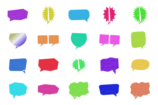 Colorful set of speech bubble conversation icons in various shapes isolated on transparent background