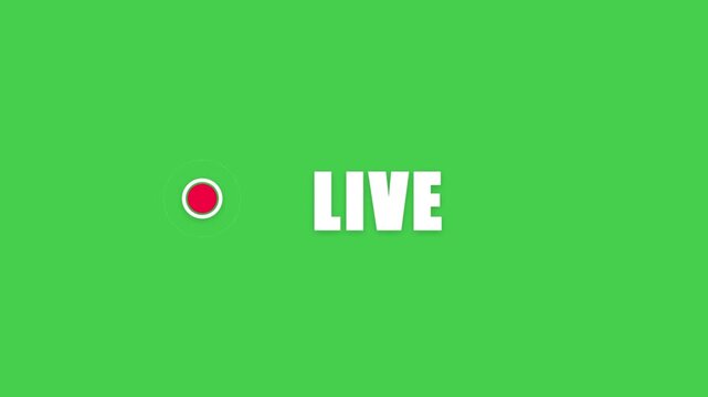 Animated live streaming broadcast badge with pulsing red icon a clean and modern animation with a record icon, set against a green screen for easy video compositing