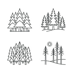 Fototapeta premium A collection of stylized pine tree illustrations showcasing various arrangements and landscapes