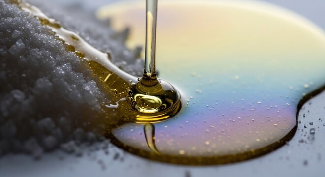 Golden syrup pouring over granulated white sugar crystals close up macro texture abstract background