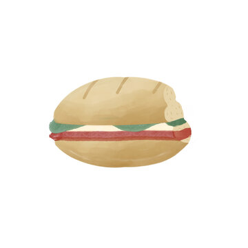 Bitten sandwich illustration of sub bun with bite mark soft watercolor hand drawn food element
