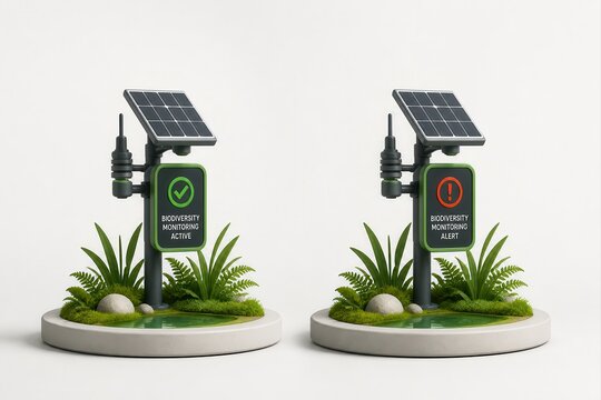 Solar powered biodiversity monitoring stations in a miniature eco landscape 3D render