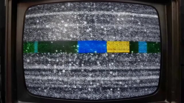 Vintage television screen with static noise and color bars