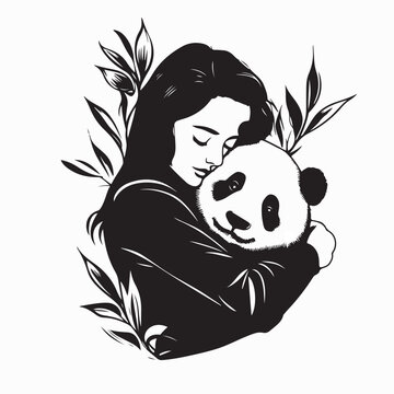 Happy Girl Hugging Panda Plush Toy Vector Illustration