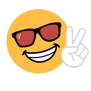 Cheerful yellow emoji wearing red sunglasses, smiling broadly while making a peace gesture with hand