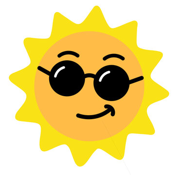 Bright yellow sun character wearing black sunglasses with a friendly smile