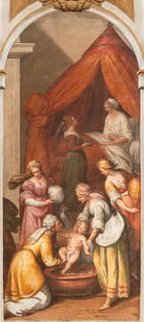 Crema - The baroque fresco of Nativity of Virgin Mary in the church Chiesa di San Benedetto by Gian Giacomo Barbelli from year 1636.