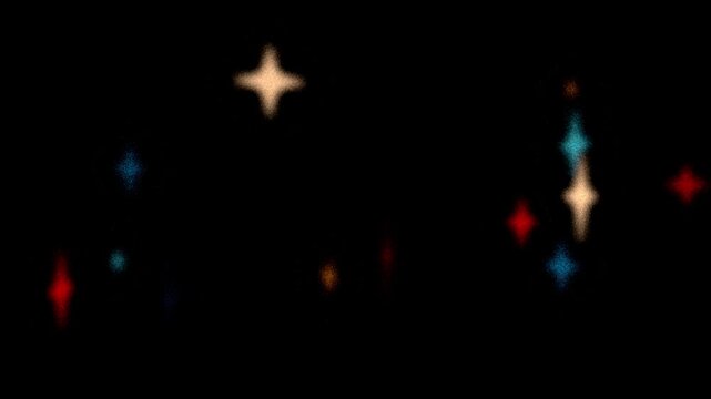 Colorful glowing stars loop. Beautiful multi-colored stars in retro grainy style flying through the camera. Light ray glowing with soft noise. 80s, 90s Retro futurism. Starry Neon lights glowing. 