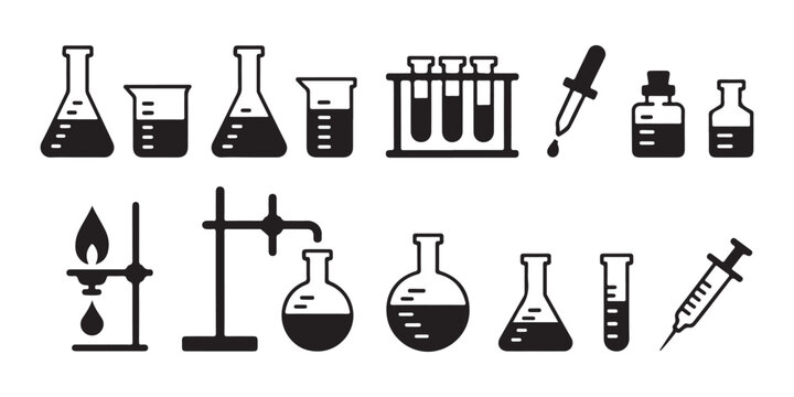Laboratory glassware and equipment vector set, chemical experiment and science research flat icons.