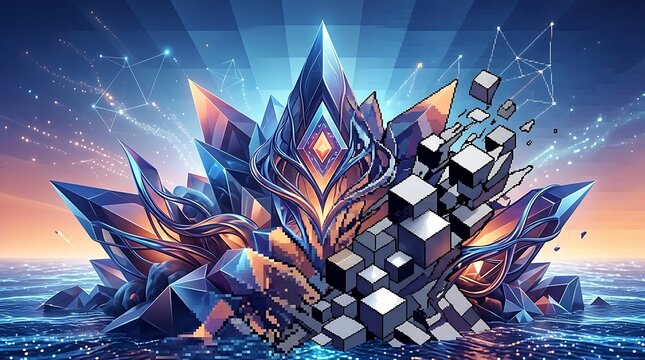 Futuristic glowing crystals and voxel cubes rising from the ocean