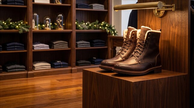 Luxury Winter Boots on Elegant Retail Display in Designer Store