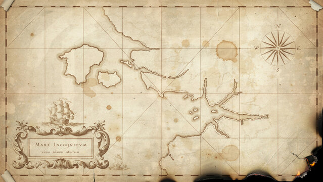 Vintage nautical map on aged parchment paper, antique treasure map with compass rose and sailing ship, weathered historical sea chart background