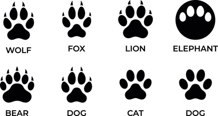 Wild and domestic animal paw print set vector illustration isolated on white background for footprint identification © MdNazmul