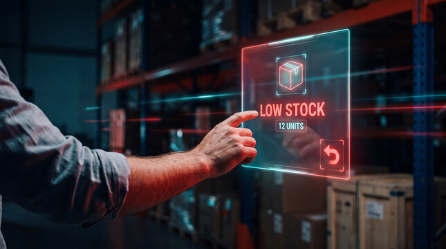 man touches glowing low stock interface above forearm to flag inventory shortage alert, escalate reorder request, review supplier lead time chart, and respond to retail supply risk