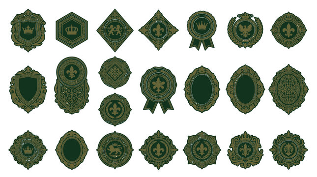 Collection of Decorative Emblem Badges and Crests with Crowns and Fleur-de-lis