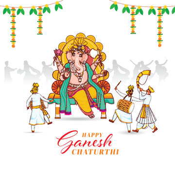 Happy Ganesh Chaturthi Festival Greeting Card with Lord Ganesha Idol Illustration and Indian Men Playing Traditional Instruments on White Festive Background.