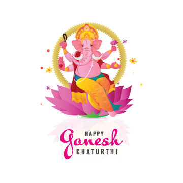 Happy Ganesh Chaturthi Festival Greeting Card with Lord Ganesha Idol Illustration Sitting on Pink Lotus Flower and Golden Aura on White Background.