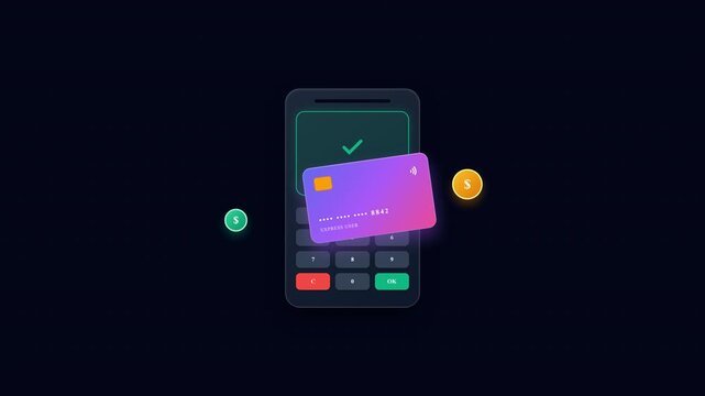 3D Contactless Tap to Pay POS Terminal Animation with Credit Card Payment Approval and Receipt