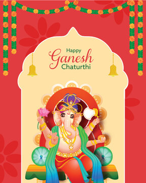 Happy Ganesh Chaturthi Festival Greeting Card Template with Lord Ganesha Idol Illustration on Red and Beige Festive Background.