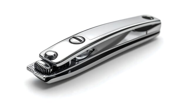 Stainless steel nail clipper isolated on white background.