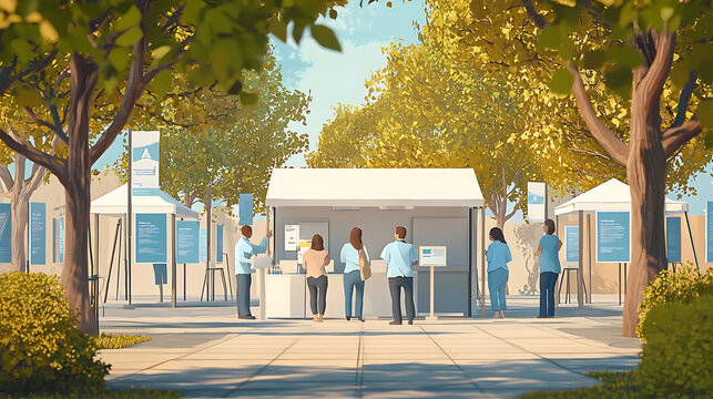 People gathering at information booths in a sunny park setting during an outdoor community event in autumn