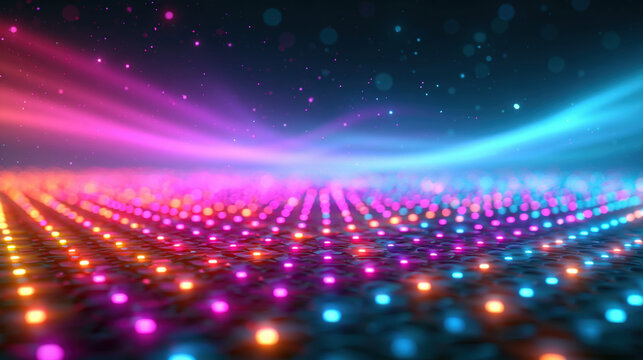 Bright vibrant casino background with neon light wave and glowing dot grid, abstract digital stage for game design