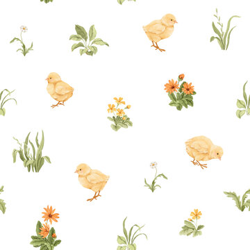 Watercolor seamless pattern with cute chicks, colorful flowers, green grasses and plants. Hand drawn delicate illustration for home textile, childish fabric, wallpapers or repeat background.
