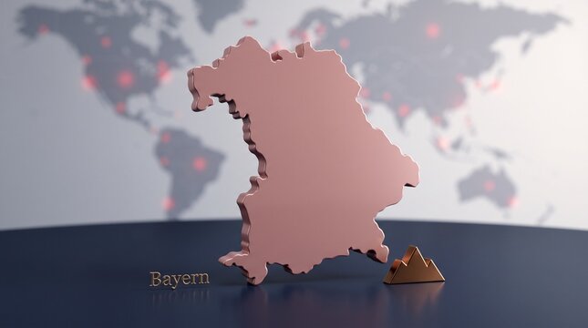 3D extruded Bavaria Bayern Germany map silhouette in dusty rose with bronze Alpine mountain symbol on navy reflective surface, regional icon