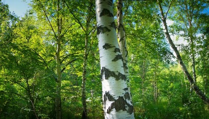 Fototapeta premium Vibrant Green Birch Tree With Lush Foliage And White Bark