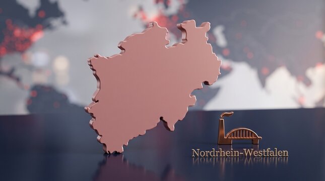 3D extruded Nordrhein-Westfalen Germany map silhouette in dusty rose with bronze smokestack bridge symbol on navy surface, regional icon