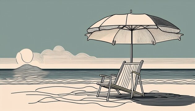 Minimalist One Line Drawing Of A Beach Chair And Parasol By The Sea