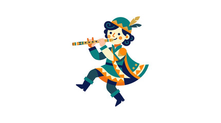 Fototapeta premium A whimsical illustration of a young musician playing a wooden flute in a colorful costume