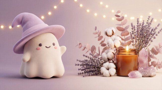 Cute ghost wearing a witch hat with lavender flowers and crystals.