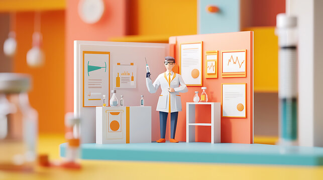 3D Illustration of a Professional Healthcare Scientist Working in a Modern Clinical Laboratory Setting with Medical Equipment and Reports