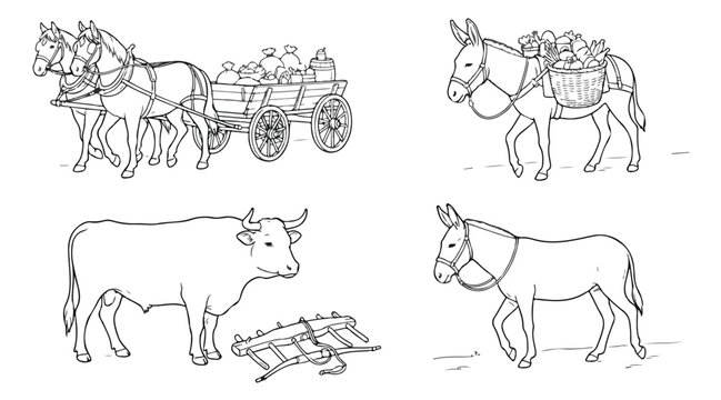 Vintage farm animals line art set, traditional horse drawn carriage and pack donkey illustrations, rustic ox and agricultural equipment vector