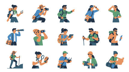 Fototapeta premium Backpackers and tourists exploring with cameras and maps.