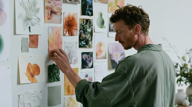 A man standing in front of a wall covered in photographs. he is wearing a green shirt and has a beard. the photographs are arranged in a grid-like pattern and are of different sizes and colors.