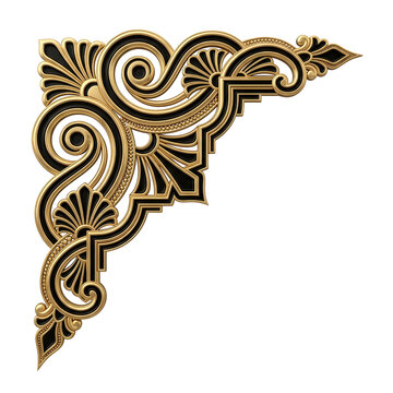 Elegant Ornate Golden Corner Ornament with Black Inlay Isolated on White for Luxury Design Decor
