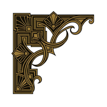 Luxury Gold Art Deco Corner Border Element with Vintage 1920s Geometric Ornament and Floral Scrolls